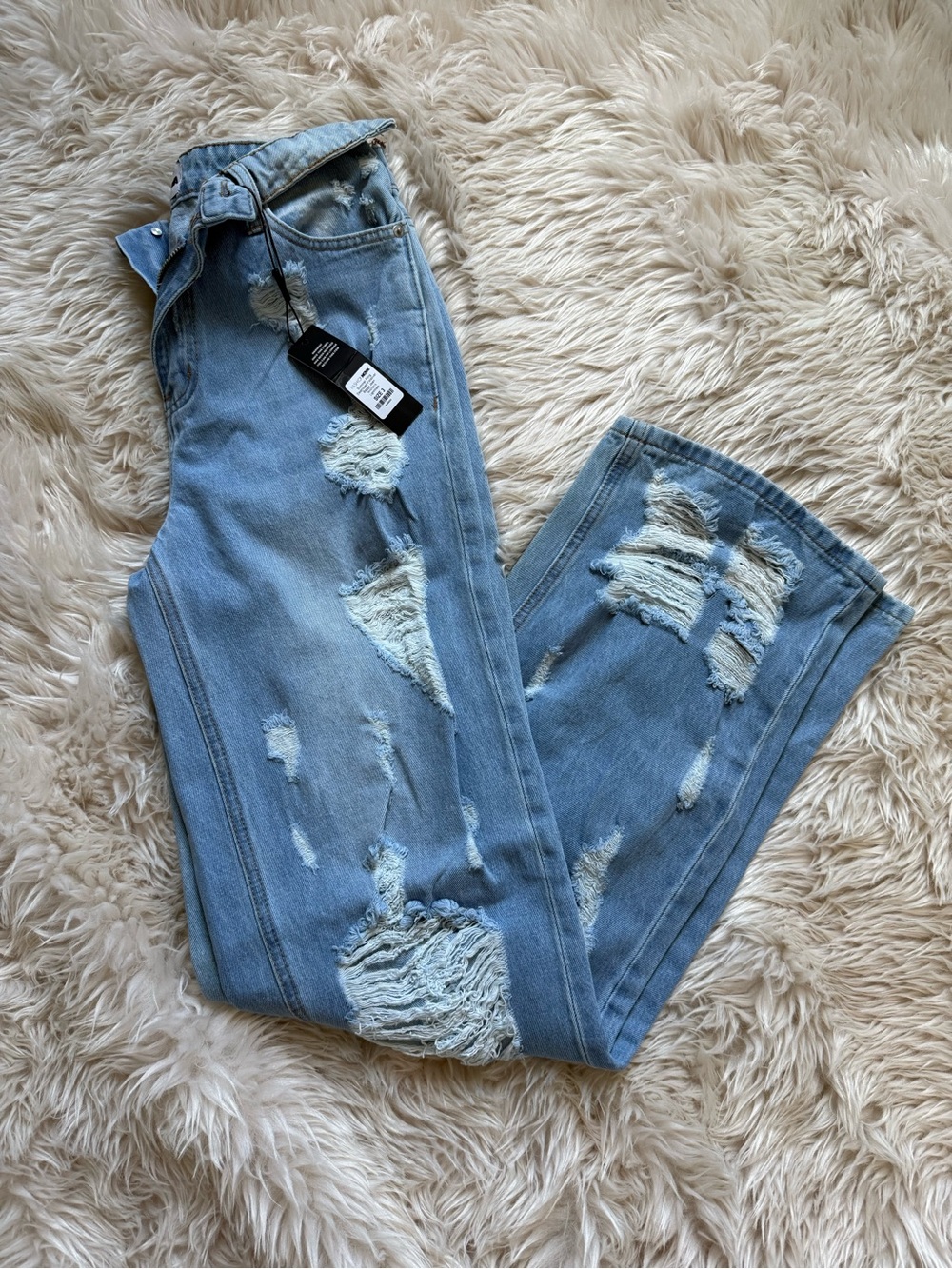 Fashion Nova Light Blue Distressed Flare Jeans